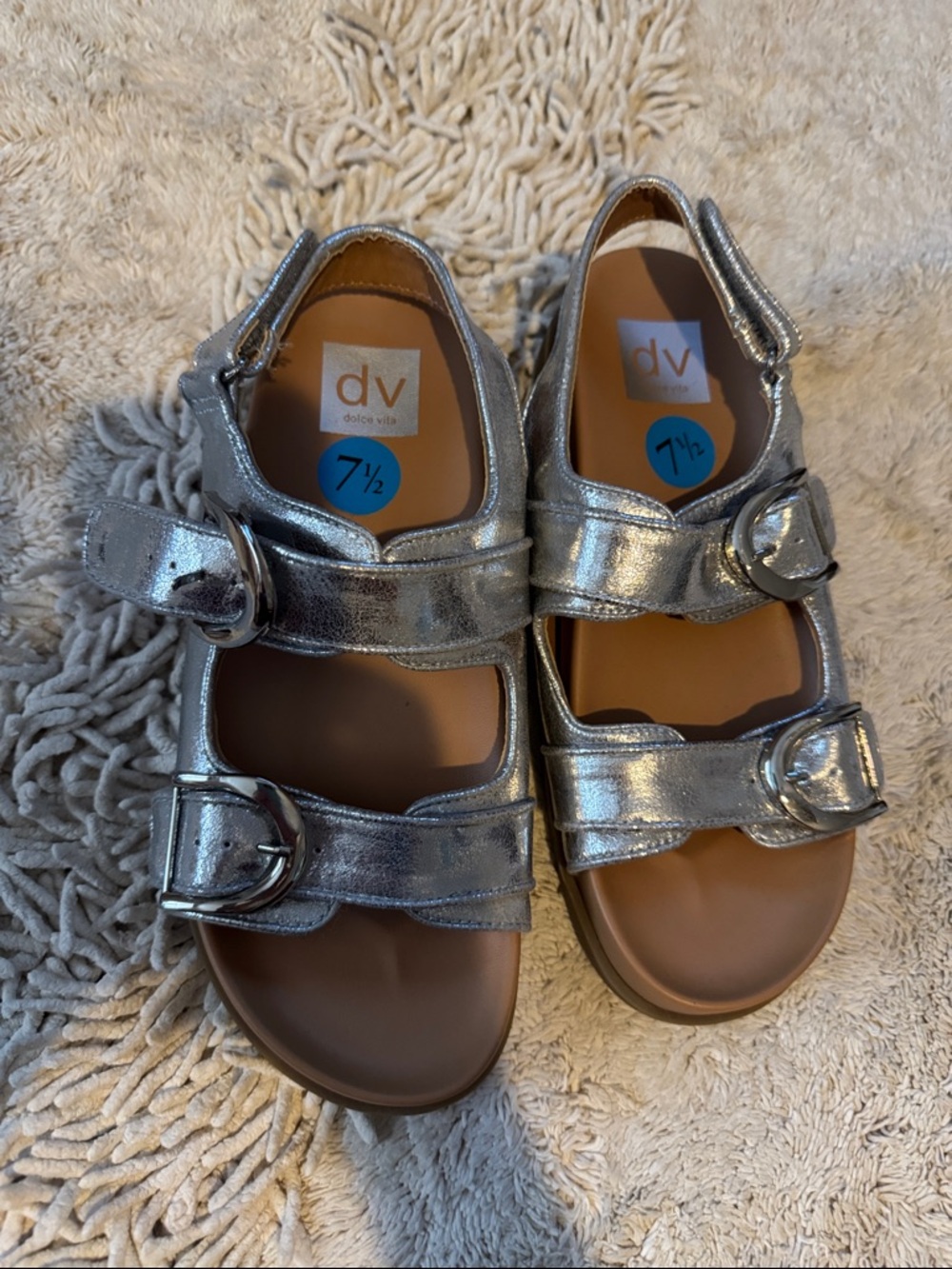 DV by Dolce Vita Girls' Metallic Silver Double-Buckle Sandals